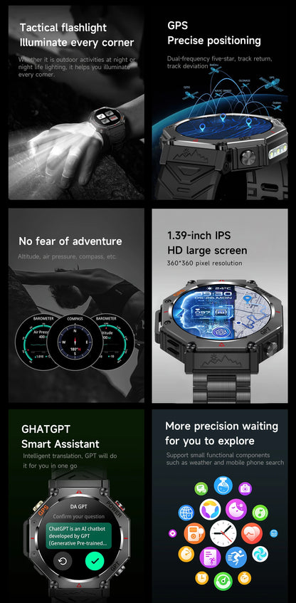 New Military Real GPS Smart Watch Men 10ATM IP69K Waterproof Swim Sports Watches Flashlight Bluetooth Call AMOLED HD Smartwatch