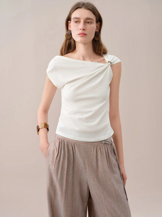 FSLE 【Premium Series】 Women's 2026 Summer New Asymmetrical Slant Neck Knit T-Shirt | Slim Fitted Stylish Top Cotton Contain Tops