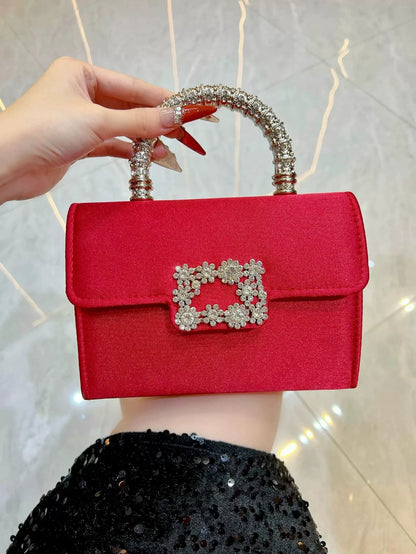 Rhinestone Faux Silk Emerald Evening Bag Silver Diamond Buckle Handle Fashion Handbags Elegant Ladies Square Bolsa Feminina