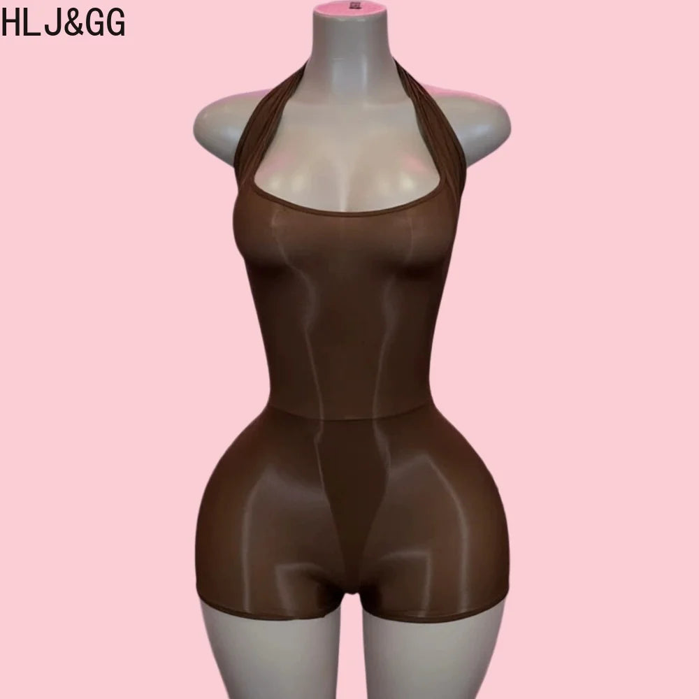 HLJ&GG Sexy Mesh See Though Halter Bodycon One Piece Rompers Women Sleeveless Backless Slim Jumpsuits Fashion Stretchy Overalls