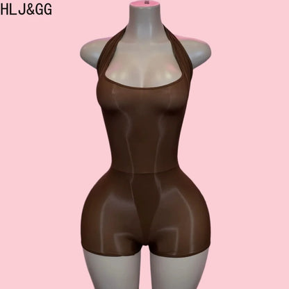 HLJ&GG Sexy Mesh See Though Halter Bodycon One Piece Rompers Women Sleeveless Backless Slim Jumpsuits Fashion Stretchy Overalls