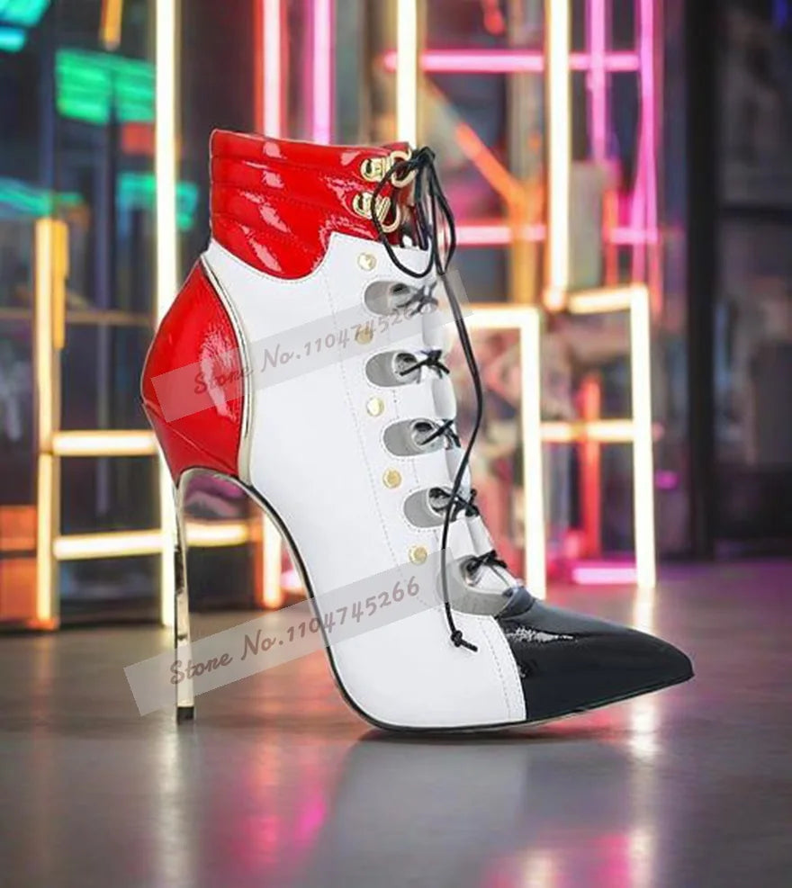 Multi-Color Patent Leather Pvc Stiletto Heel Lace-Up Shoes Golden Blade Heel Pink Black Patchwork Pumps Transparent Ankle Boots