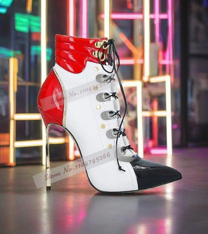 Multi-Color Patent Leather Pvc Stiletto Heel Lace-Up Shoes Golden Blade Heel Pink Black Patchwork Pumps Transparent Ankle Boots
