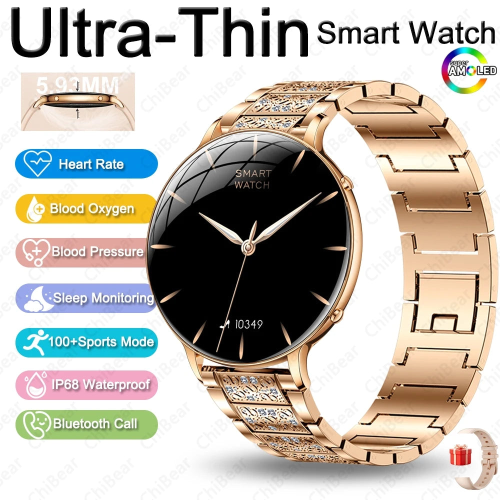 2026 Ultra-Thin Women Smart Watch AMOLED HD GPS Track Always-On Time Display LED Flashlight Bluetooth Call Waterproof Smartwatch