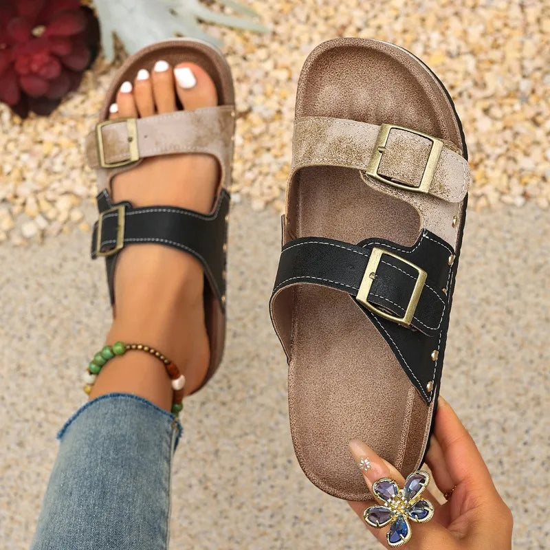 Women's Luxury Metal Buckle Decorated Slippers New Retro Thick-Soled Casual Shoes Summer Outdoor Vacation Beach Slippers Size43