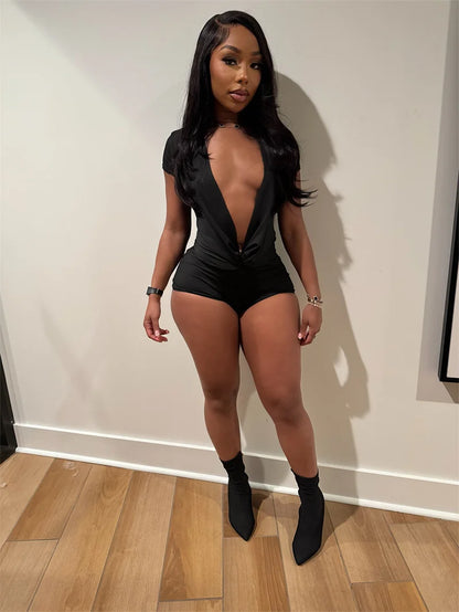 Sexy Deep V-neck Solid Bodycon Romper for Woman Jumpsuits Short Sleeve Skinny One Pieces Playsuit Club Party Combishort Femme