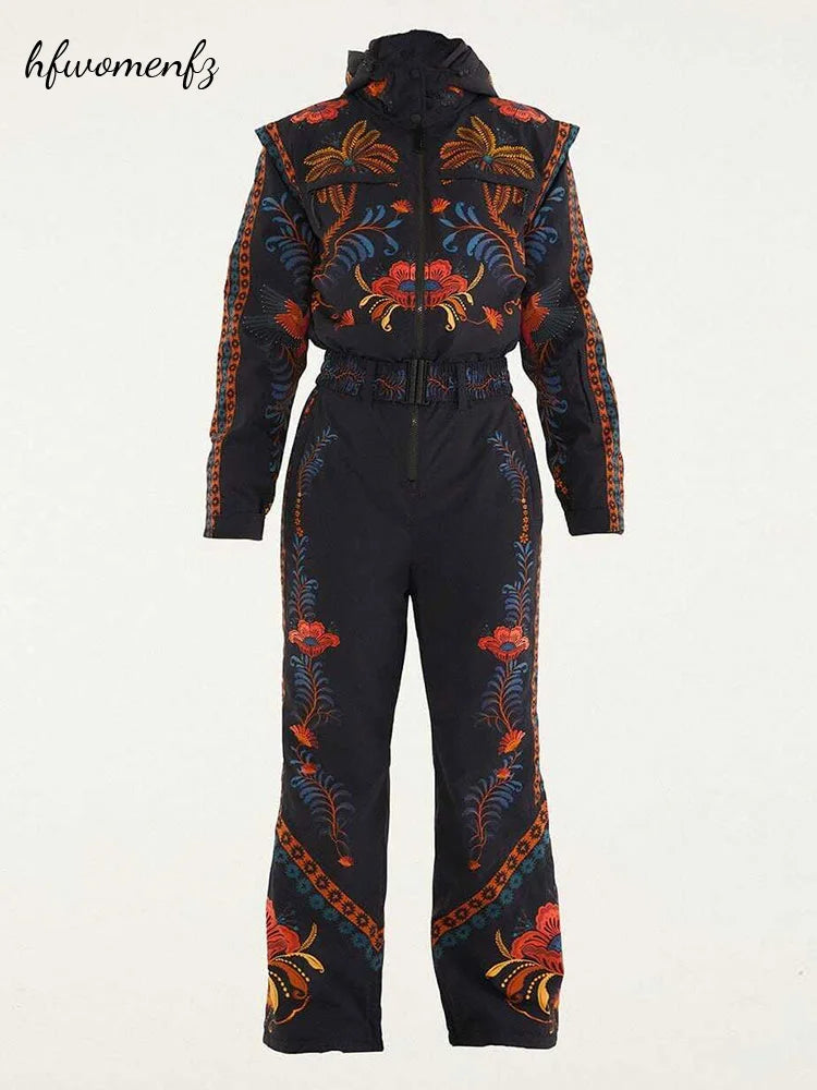 Winter Printed Women Hodded Ski Jumpsuits Full Sleeve Zippers Stand Collar Pocket Snowboard Overalls One Piece Windproof Outfits