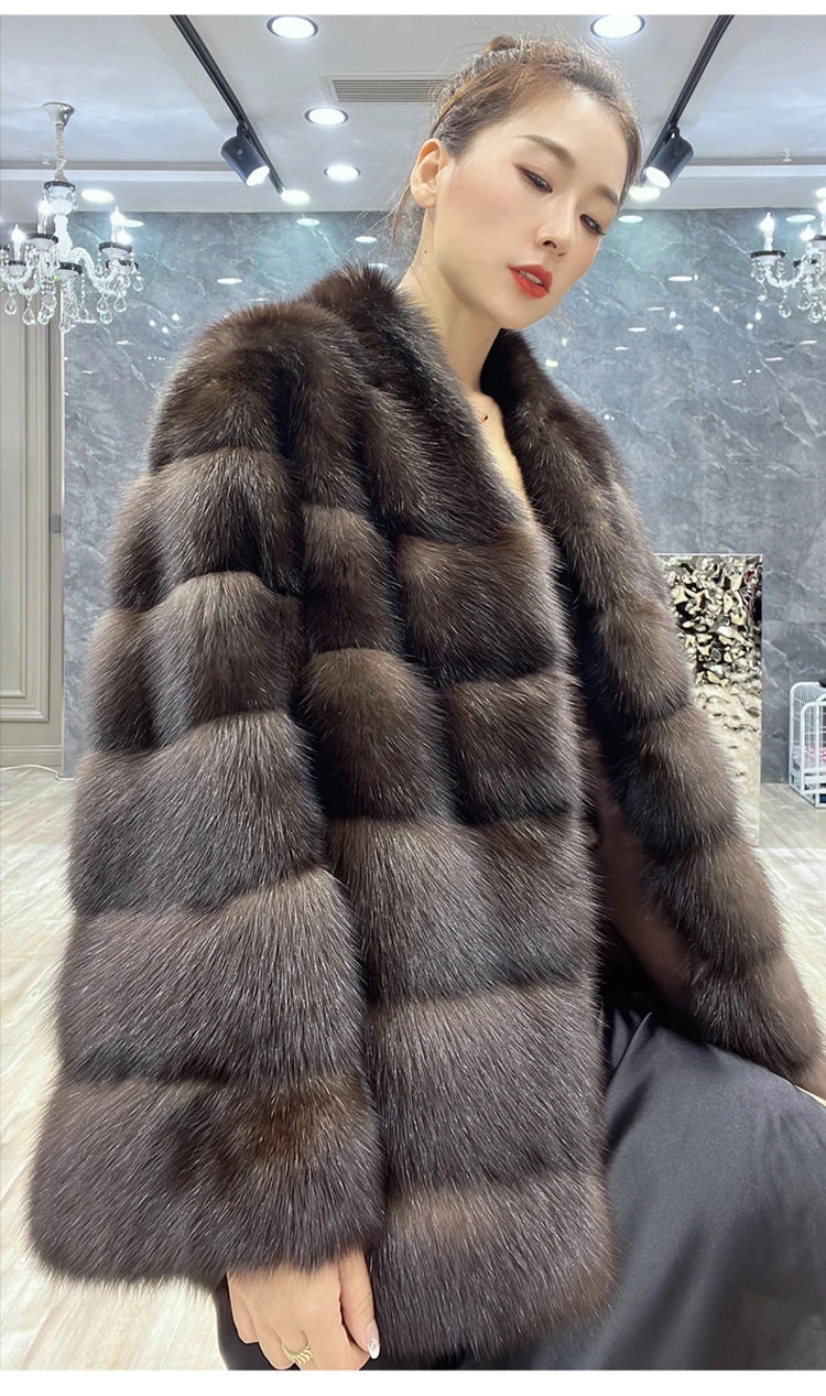 Lautaro Autumn Winter Elegant Luxury Chic Thick Warm Striped Hairy Faux Sable Fur Coat Women V Neck High Quality Fluffy Jacket