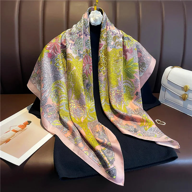 Brand Twill Silk Scarf Women Luxury Shawl Wrap 90cm Square Headband Print Neck Tie Female Hijab Satin Echarpe 2025 Bandana