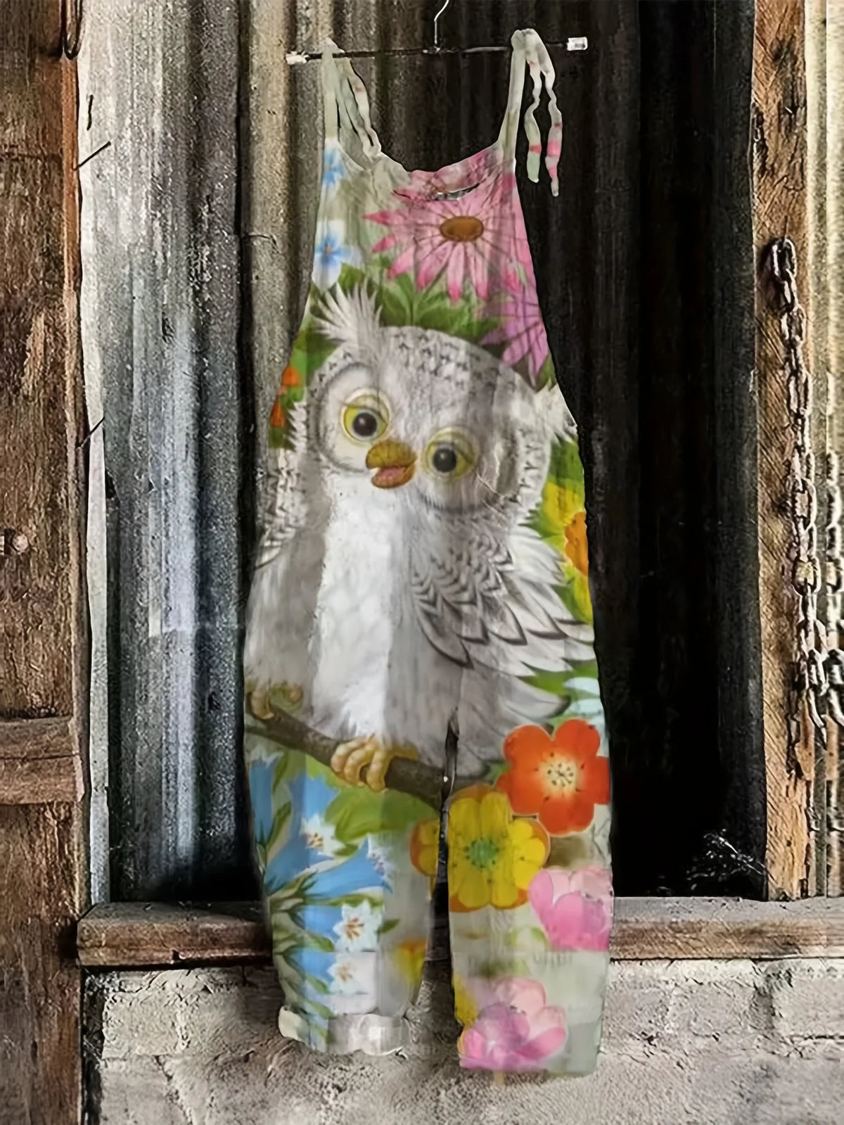 New Women Casual Sleeveless Spaghetti Strap Jumpsuits Cute Owl Floral Full Print Loose Baggy Wide Leg Overalls Bohemian Vintage