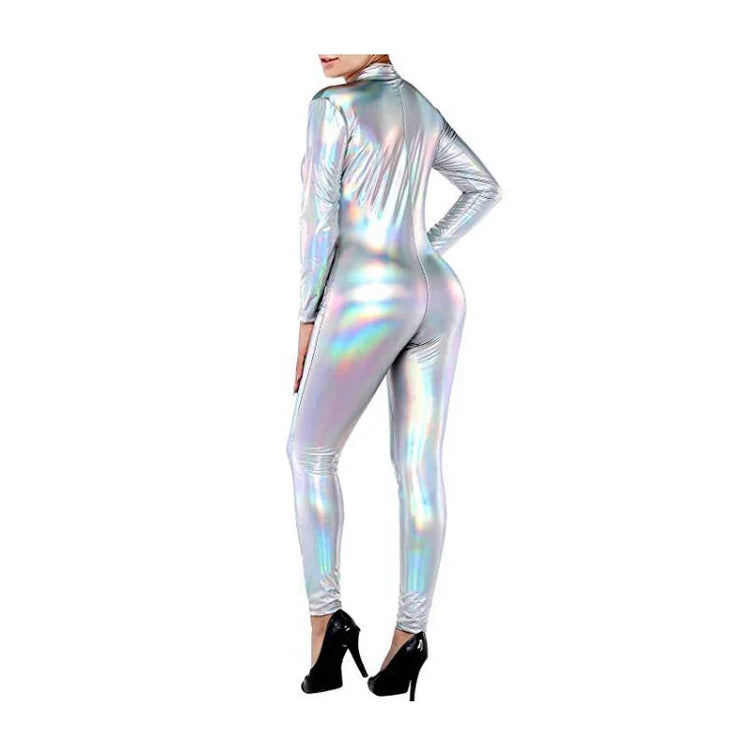Plus Size Bodycon Party Romper Shiny Laser Holographic Front Zipper Long Sleeve Jumpsuits High Street Sissy Stretchy Bodysuit