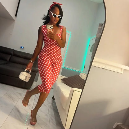 FLARORA Trendy Polka Dot Print Jumpsuit Woman Sexy Square Collar Sleeveless Backless Skinny Peach Hip Romper Hottie Streetwear