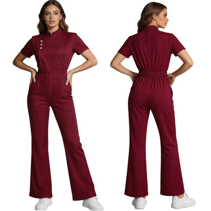 Womens Scrubs Jumpsuit Soft Stretch Medical Scrub Set with Pockets Front Zipper Elastic Waist Jogger Pants Nurse Doctor Workwear