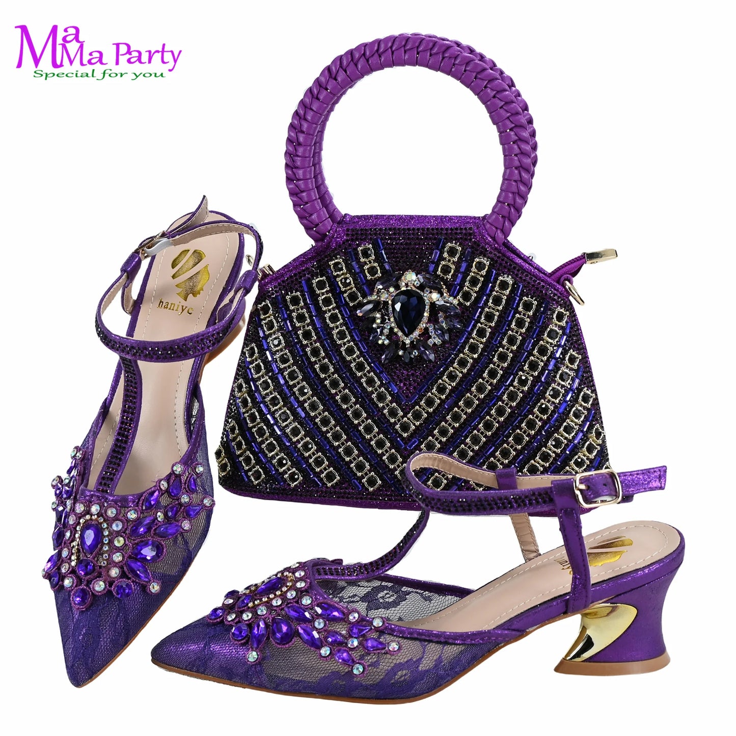 Gold Color New Arrivals Italian Design Nigerian Women Shoes and Bag Set Pointed Toe Slipper with Shinning Crystal for Party