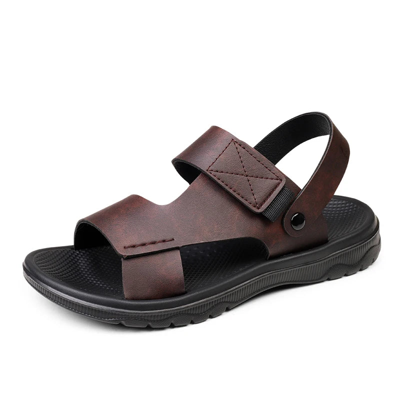 Mens Leather Slippers Comfortable Breathable Summer Big Size Sandals for Men with Soft Sole