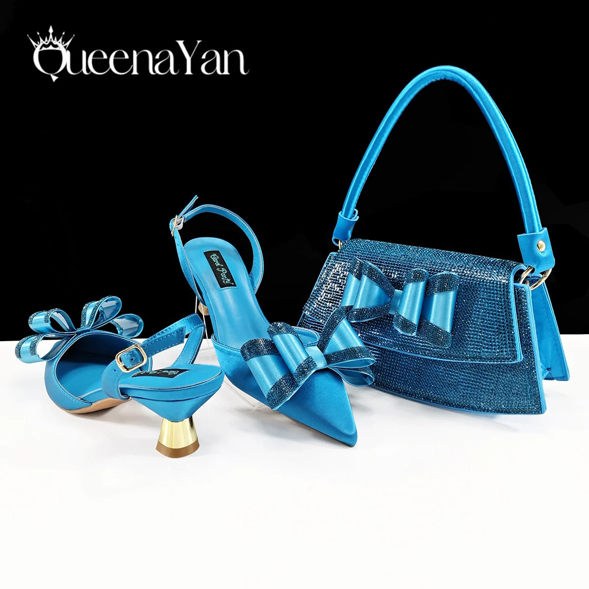 Queena Yan Hot Selling Fashion Mature Coffee Color Butter-fly Design Pointed Toe High Heel Party Wedding Lady Shoes and Bag Set