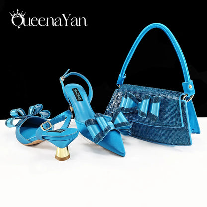 Queena Yan Hot Selling Fashion Mature Coffee Color Butter-fly Design Pointed Toe High Heel Party Wedding Lady Shoes and Bag Set