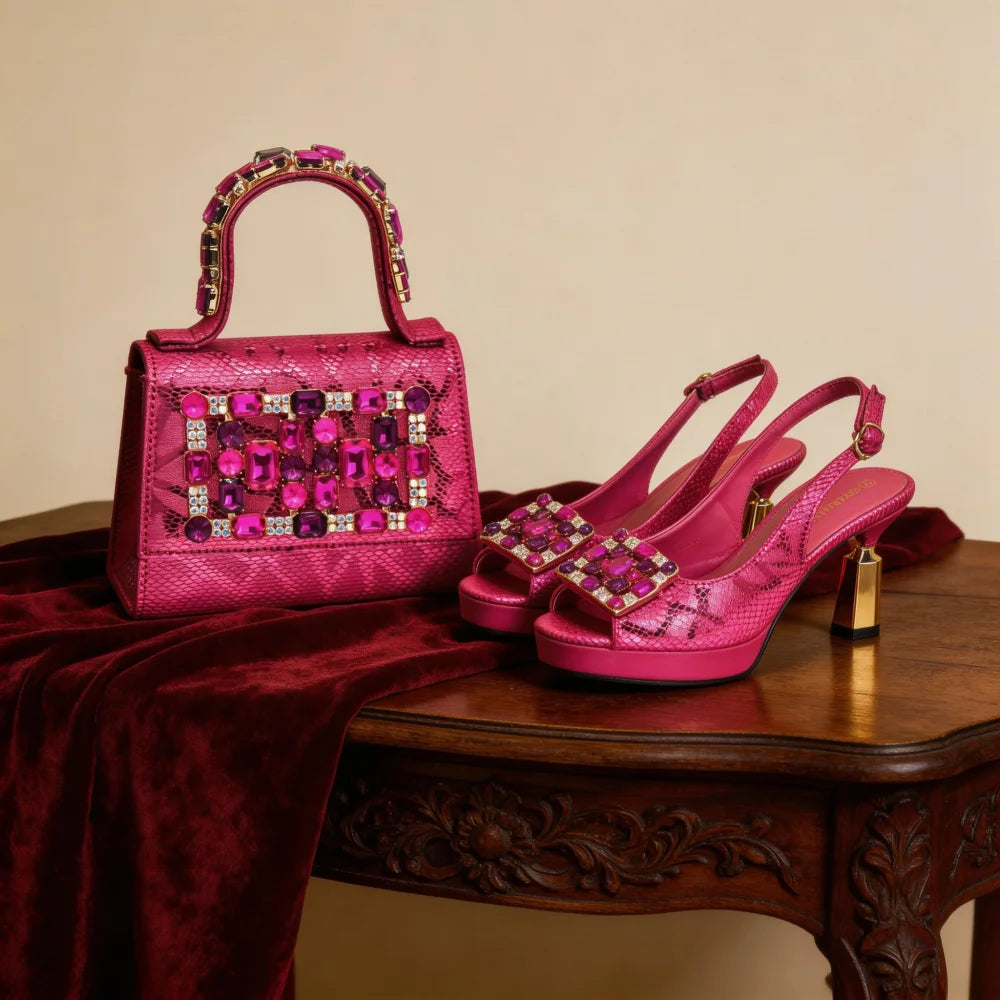 Latest Design Women Nigerian Italian Shoes and Bags Set Decorated with Rhinestone Peep Toe Shoes Sexy Wedding Party Sandals