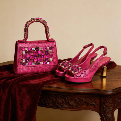 Latest Design Women Nigerian Italian Shoes and Bags Set Decorated with Rhinestone Peep Toe Shoes Sexy Wedding Party Sandals