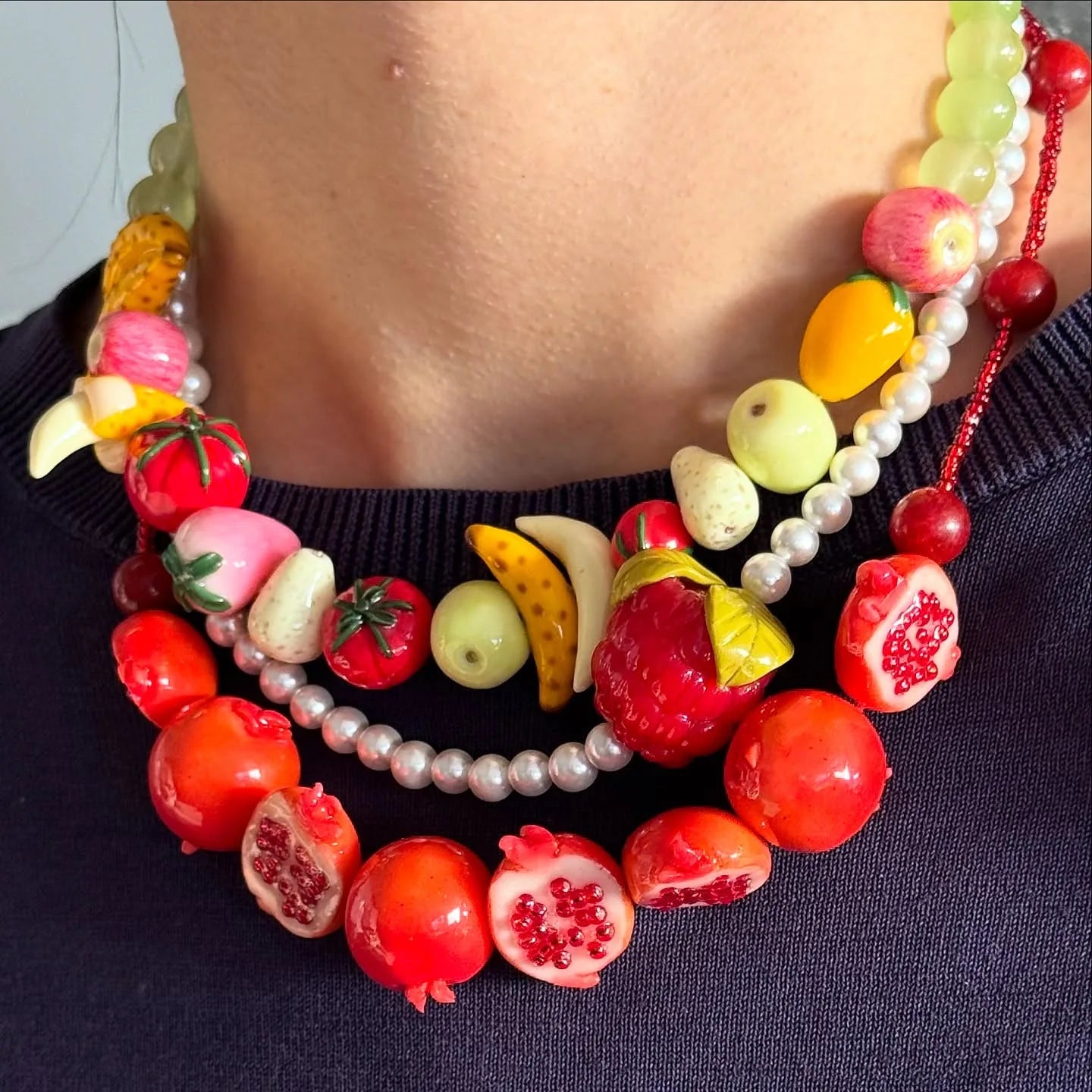 Dopamine 3D Fruit Beaded Necklace Bohemian Retro Pomegranate Strawberry Tomato Choker Exaggerated Bracelet Bikini Jewelry Gift