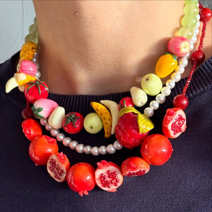 Dopamine 3D Fruit Beaded Necklace Bohemian Retro Pomegranate Strawberry Tomato Choker Exaggerated Bracelet Bikini Jewelry Gift
