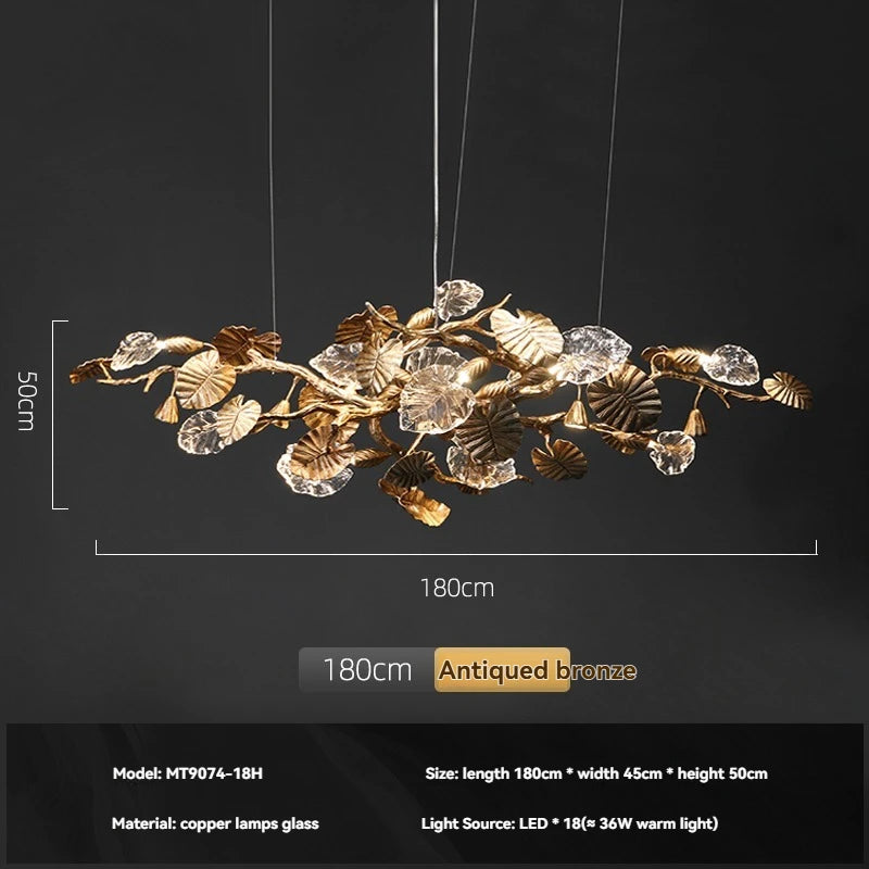 Luxury Copper Branch Chandelier Dining Table Retro Restaurant Light with Leaf Crystal Pendant Lamp Living Room Bar Kitchen Vila
