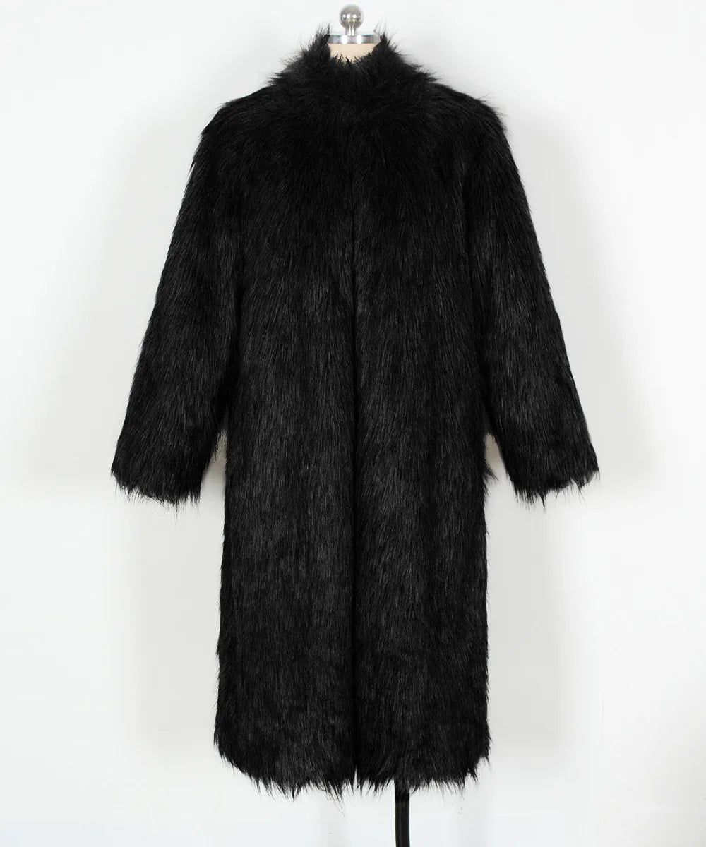 2026 Winter Stand Collar Faux Fur Long Coat Women Elegant Long Sleeve Fluffy Plush Jacket Lady Casual Thick Warm Furry Outwear