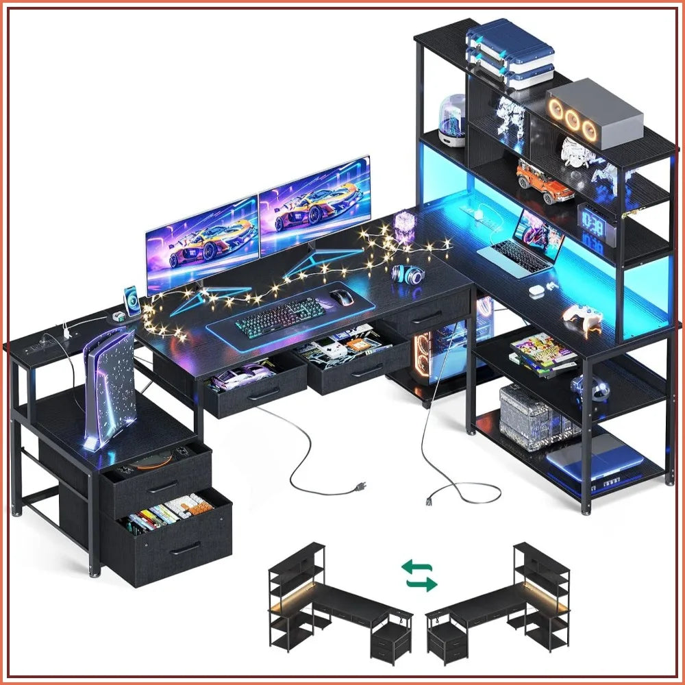 79 Inch L Shaped Desk with 5 Drawers, LED Light and 2 Outlets for Home Office
