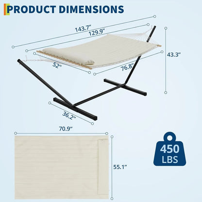 2 Person Outdoor Hammock with Stand, Heavy Duty Portable Hammock Set with Pillow & Balance Ropes, 450 Lb Capacity, UV-Resistant Poly-Cotton Fabric for Patio Backyard Beach, Beige