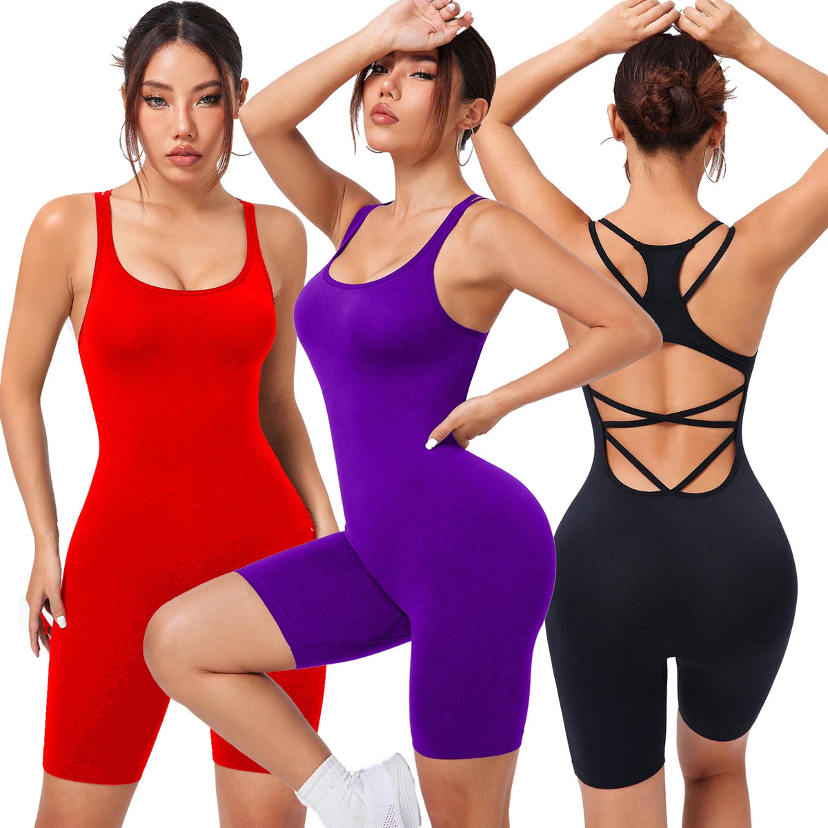 Women Spaghetti Straps Yoga Jumpsuit Crisscross Hollow Back One Piece Bodysuit High Stretch Tight Biker Shorts Gym Workout Fitne
