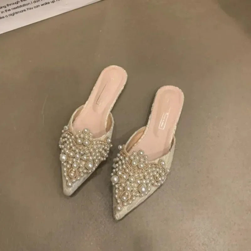 New Women's Shoes Exquisite Imitation Pearl Mueller Slippers for Woman Elegant French Casual Shoes Designer Shoes Zapatos Mujer