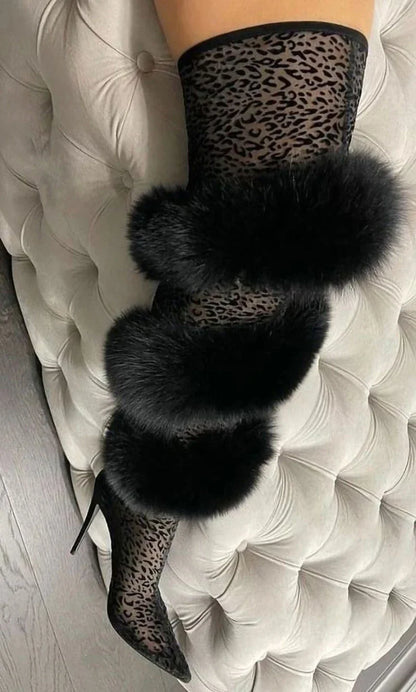 Black Lace Leopard Print Pointed-Toe Thigh-High Boots Faux Fur Stiletto Heel Sexy Sheer Mesh Detail Large Size Women's Boots