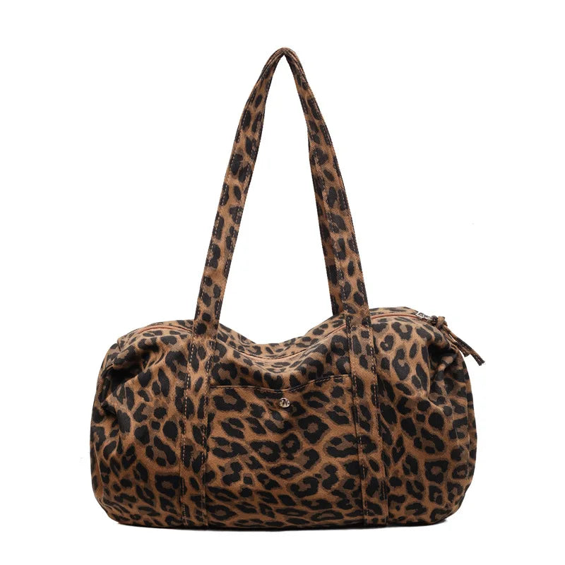 Trendy Leopard Print Canvas Shoulder Bag Large Capacity Fashion Tote Handle Bag for Daily Commute Versatile Texture Storage Bags