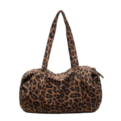 Trendy Leopard Print Canvas Shoulder Bag Large Capacity Fashion Tote Handle Bag for Daily Commute Versatile Texture Storage Bags