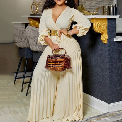 Elegant Pleated Jumpsuits & Rompers Full Sleeve V Neck High Waisted Fashion Ladies Birthday Party Dinner Outfits Overalls Cloth
