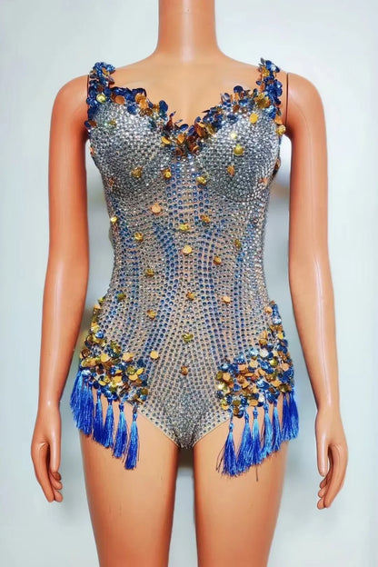 Luxury Fringes Rhinestones Bar Nightclub Outfit Birthday Party Dancer Stage Wear Performance Costume Sparkly Sexy Bodysuit