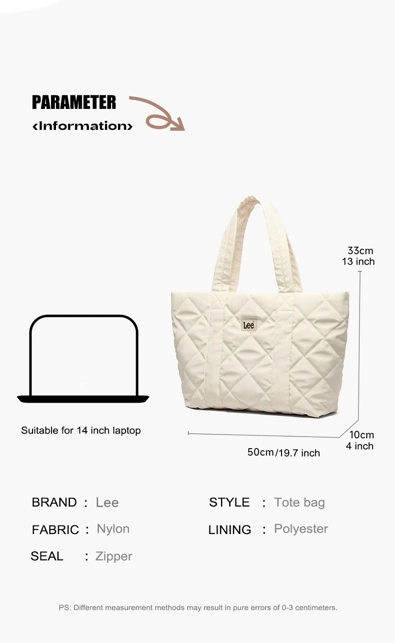 LEE Large Soft Puffer Bag Women Big Size College Students Laptop Book Quilted Tote Bag Lady Down-filled Shopping School Bags