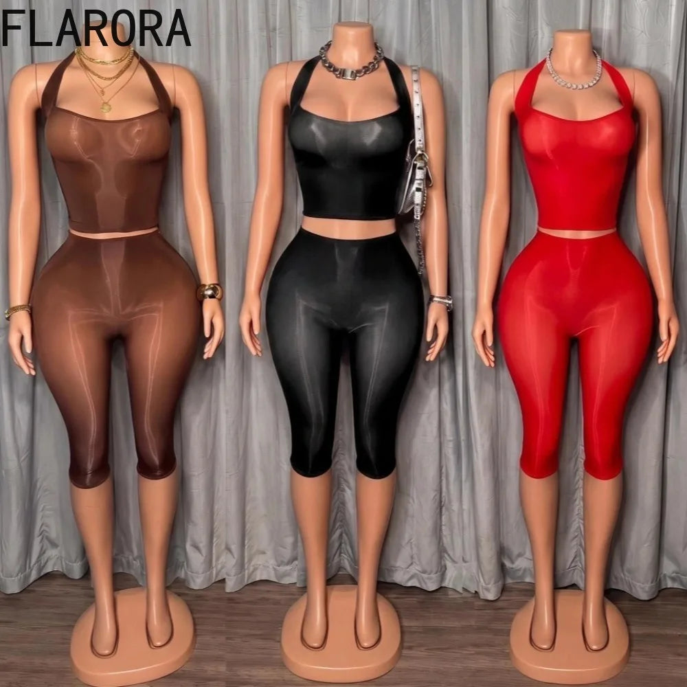 FLARORA Sexy Mesh See Through 2 Piece Sets Woman Halter Crop Tank Tops And Skinny Capri Pants Hottie Midnight Party Club Suits