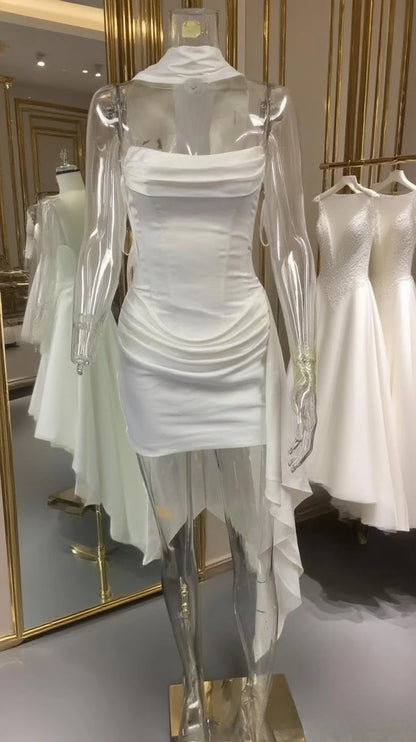 Suninheart Elegant Strapless Corset Dress Sexy White Satin Mini Draped Dress with Scarf Women Cocktail Party Dresses