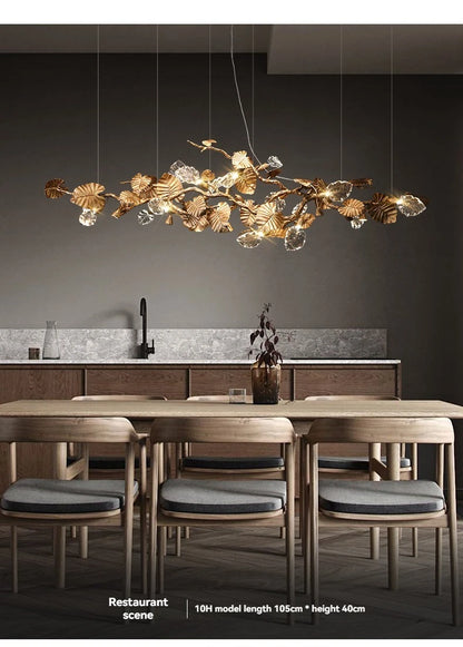 Luxury Copper Branch Chandelier Dining Table Retro Restaurant Light with Leaf Crystal Pendant Lamp Living Room Bar Kitchen Vila