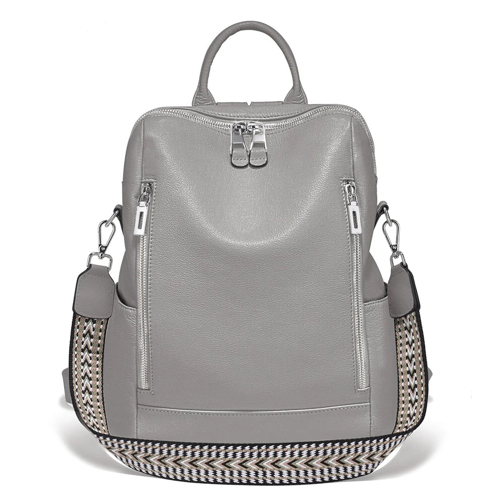 Zency Fashion Genuine Leather Backpack Knapsack Multi-pocket Day Pack Travel Convertible Shoulder Bag for Fall Winter Commuter