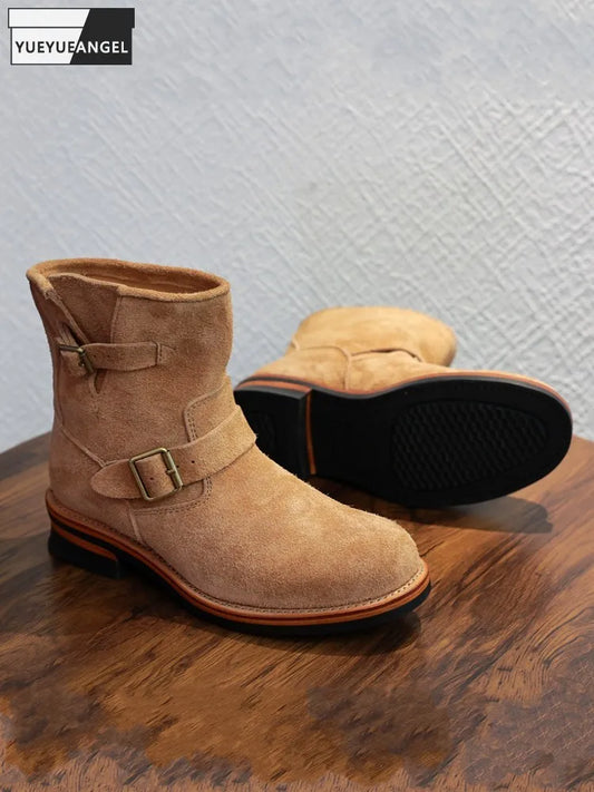 Men New Handmade Comfortable Buckle Ankle Boots High Top Mid Heel Sneakers Classic Cow Suede Leather Work Shoes Motorcycle Boots