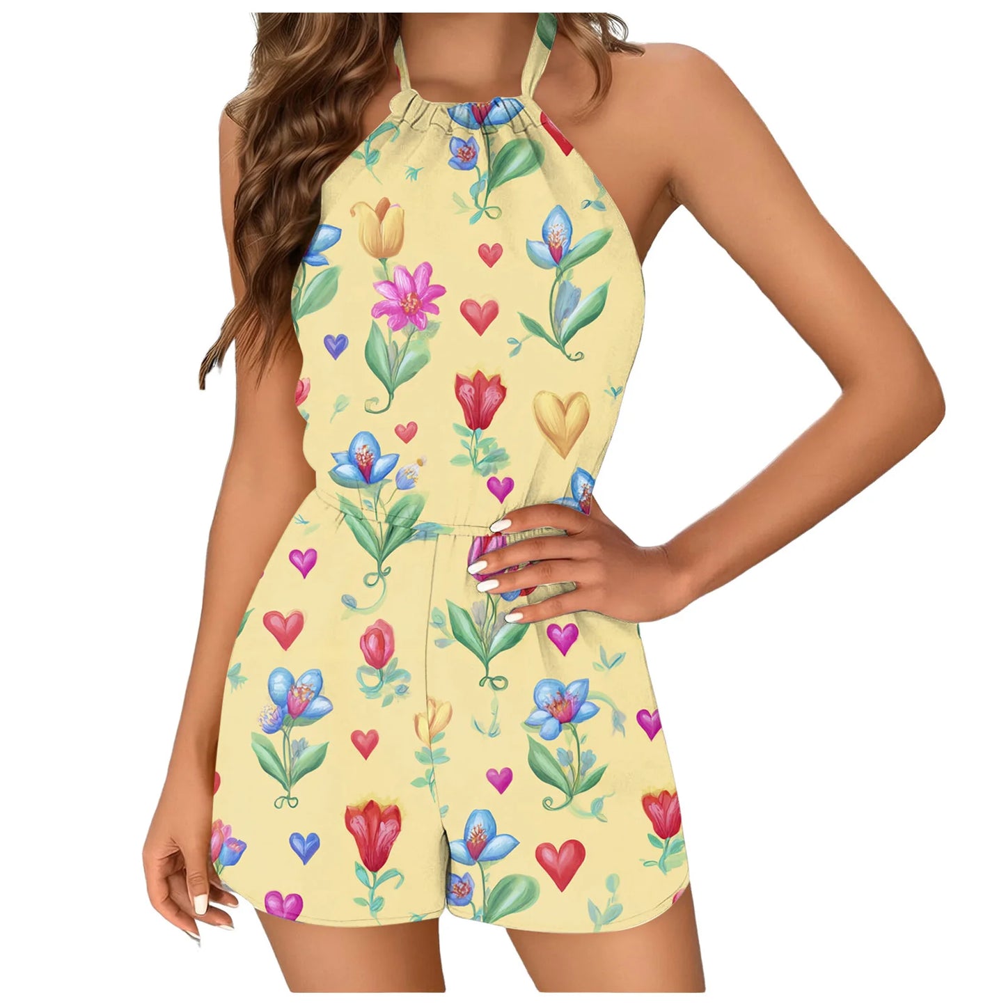Women's Romper Boho Floral Print Halter Tie Straps Backless Overalls Shorts S-5XL Summer Casual Vacation Beach Jumpsuits
