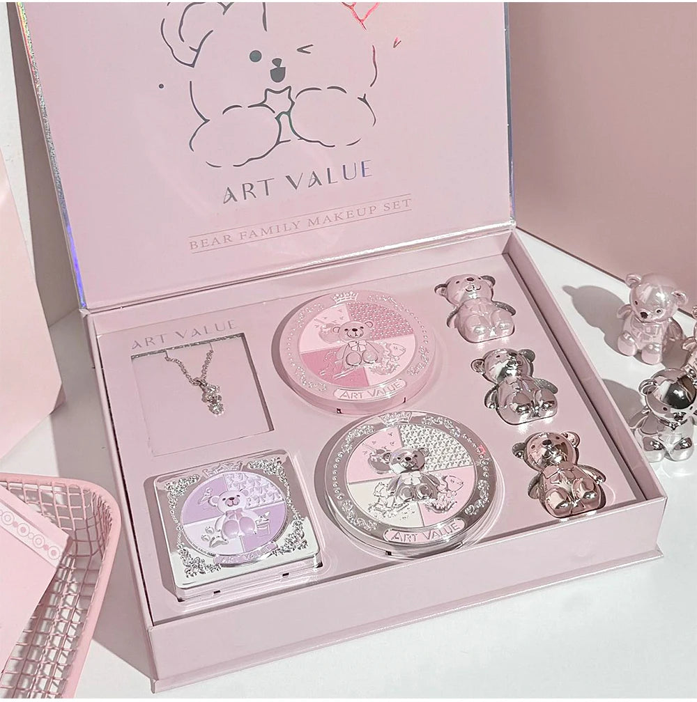 ART VALUE 7PCs Multipurpose Makeup Sets Include 3 Matte Lip Mud,1 Pressed Powder,1 Blush,1 Eyes Palette And Necklace Cosmetics
