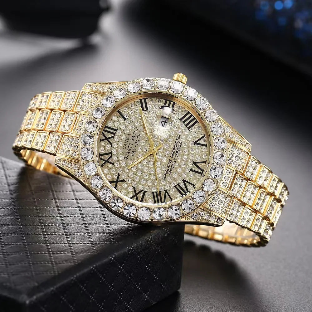 Luxury Gold Sparkling Rhinestone Iced Out Watch Unisex Quartz Calendar Wristwatch Men Women Party Jewelry Clock