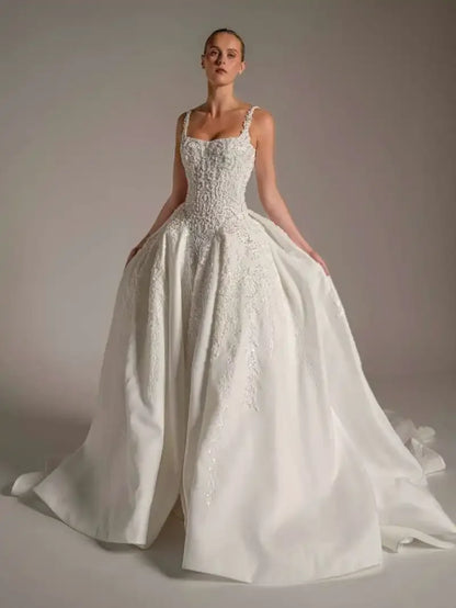 Customized 2026 Square Neck Beaded Lace Wedding Dresses with Spaghetti Strap For Women Bride Dresses vestidos de novia