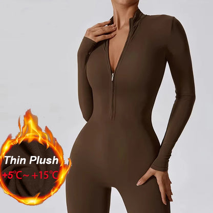 Warm Thin Fleece Jumpsuits Women's Tracksuit Winter One-Piece Sports Suit Black Fitness Jumpsuit Long Sleeves Workout Bodysuit
