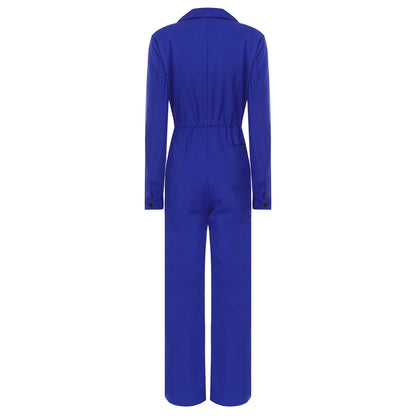 Womens Fashion Work Coverall Rompers Casual Solid Color Turn-Down Collar Long Sleeve Button Jumpsuit Travel Holiday Cargo Pants