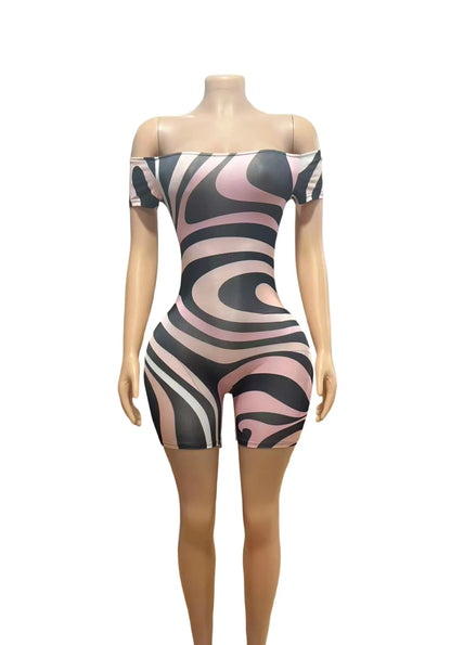 FAGADOER Sexy Stripe Print Bodycon Romper Women Off Showlder Backless One-piece Jumpsuits Hot Girl Streetwear Overalls 2025 New