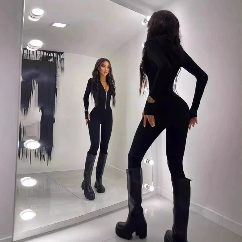 y2k American Autumn Popular Turtleneck Design Gothic Temperament Jumpsuits Long Sleeve Fashion Solid Color Zipper Female Clothes